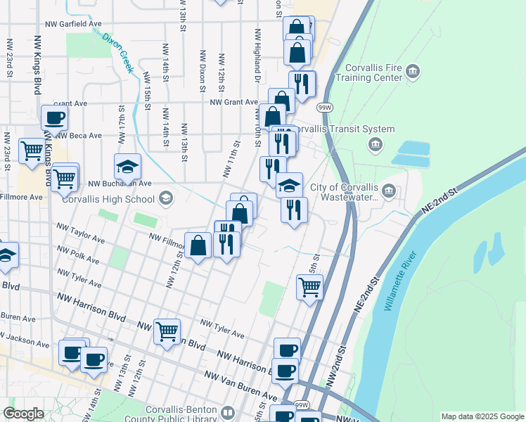 map of restaurants, bars, coffee shops, grocery stores, and more near 1046 Northwest 9th Street in Corvallis