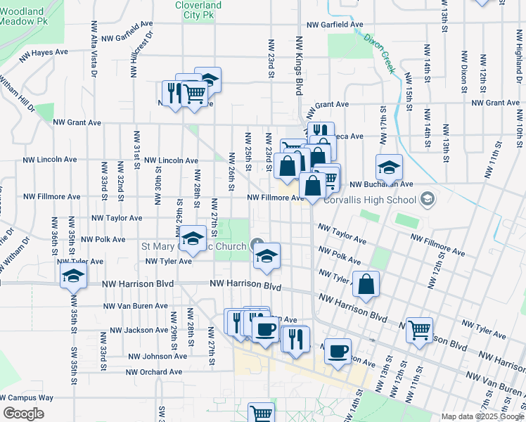 map of restaurants, bars, coffee shops, grocery stores, and more near 2 Northwest Fillmore Avenue in Corvallis