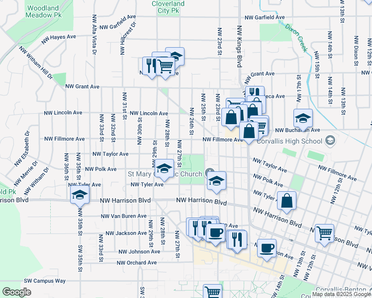 map of restaurants, bars, coffee shops, grocery stores, and more near 2611 Northwest Fillmore Avenue in Corvallis