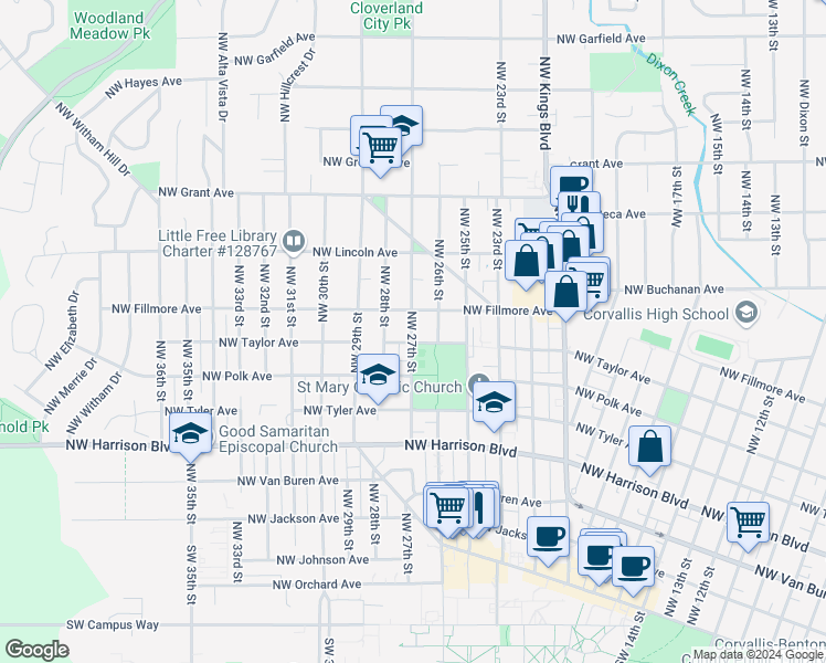 map of restaurants, bars, coffee shops, grocery stores, and more near 2611 Northwest Fillmore Avenue in Corvallis