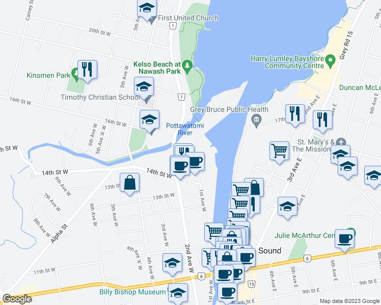 map of restaurants, bars, coffee shops, grocery stores, and more near 1455 2nd Avenue West in Owen Sound