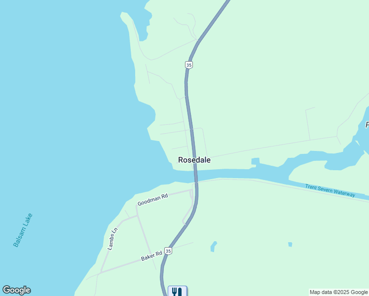 map of restaurants, bars, coffee shops, grocery stores, and more near 1 Coldstream Road in Kawartha Lakes