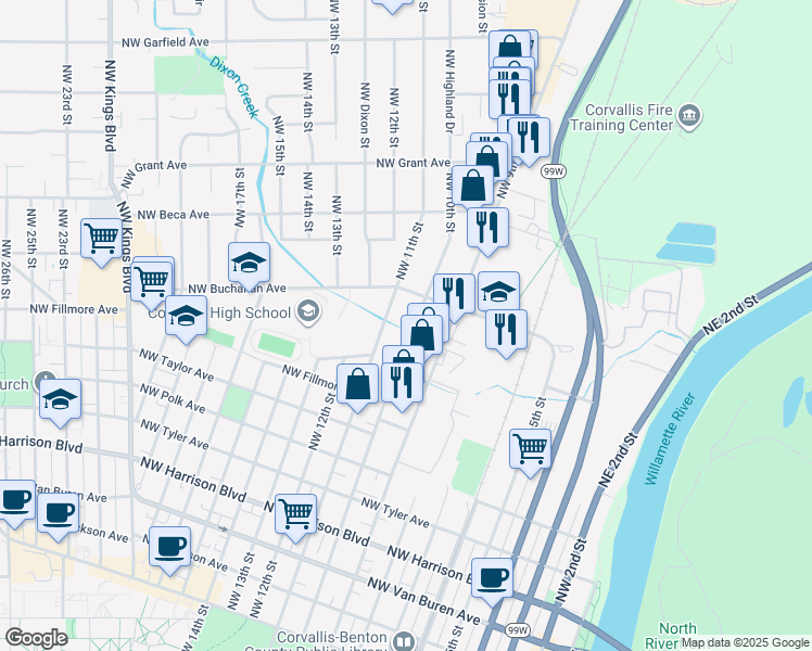 map of restaurants, bars, coffee shops, grocery stores, and more near 1010 Northwest 10th Street in Corvallis