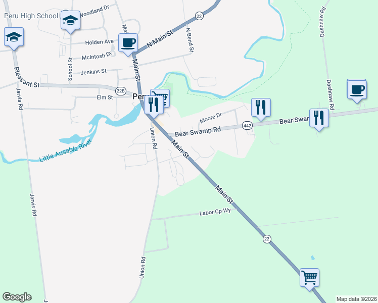 map of restaurants, bars, coffee shops, grocery stores, and more near A7 Apple Valley Drive in Peru