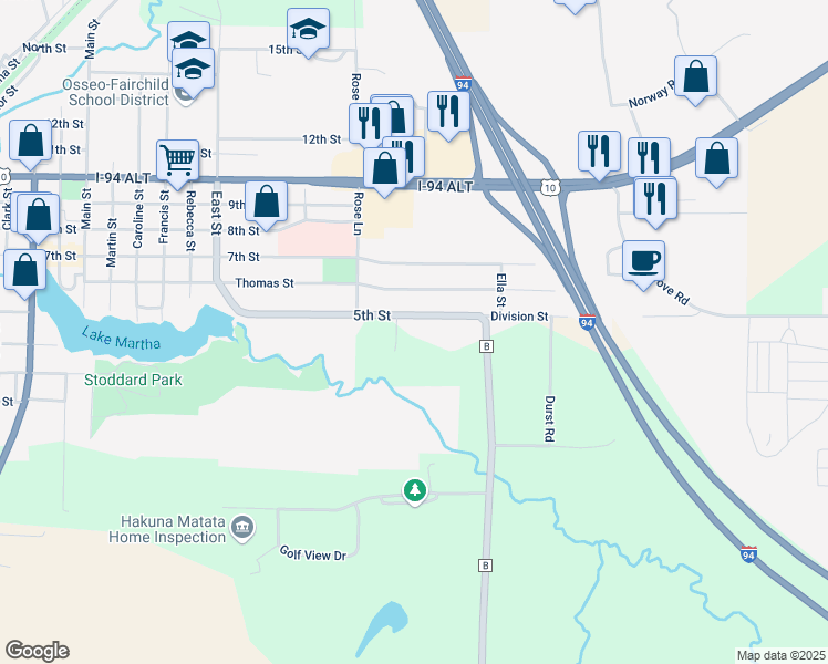 map of restaurants, bars, coffee shops, grocery stores, and more near W12907 5th Street in Osseo