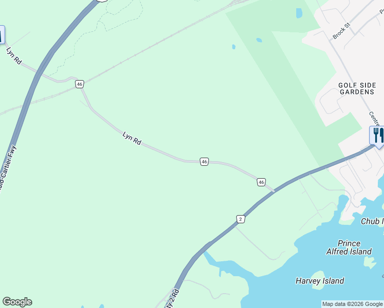 map of restaurants, bars, coffee shops, grocery stores, and more near 1525 Lyn Road in Brockville