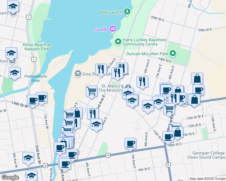 map of restaurants, bars, coffee shops, grocery stores, and more near 387 15th Street East in Owen Sound