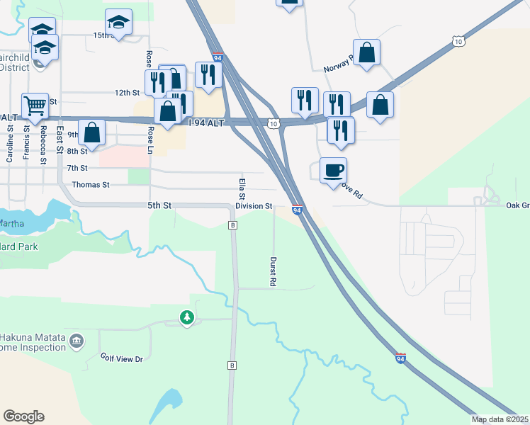 map of restaurants, bars, coffee shops, grocery stores, and more near W12723 Division Street in Osseo