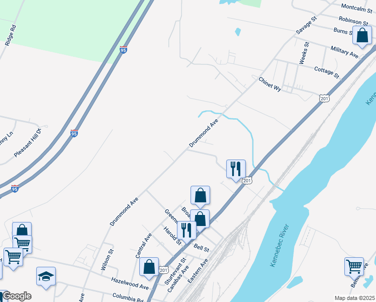 map of restaurants, bars, coffee shops, grocery stores, and more near 58 Drummond Avenue in Waterville