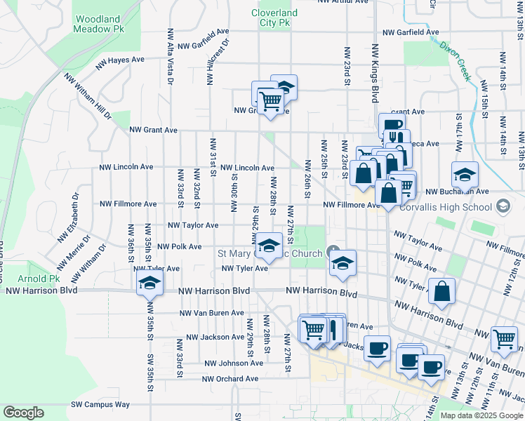 map of restaurants, bars, coffee shops, grocery stores, and more near 735 Northwest 29th Street in Corvallis