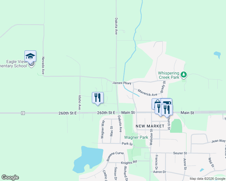 map of restaurants, bars, coffee shops, grocery stores, and more near 61 Dakota Avenue in Elko New Market