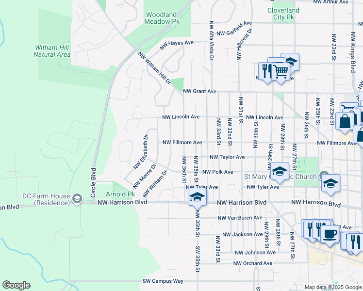 map of restaurants, bars, coffee shops, grocery stores, and more near 742 Northwest 36th Street in Corvallis