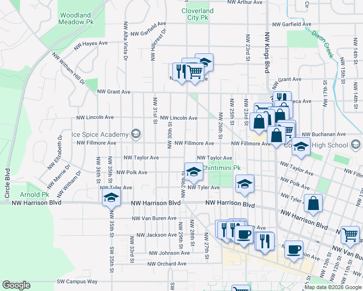 map of restaurants, bars, coffee shops, grocery stores, and more near 746 Northwest 29th Street in Corvallis
