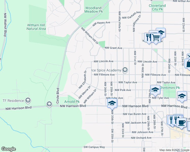 map of restaurants, bars, coffee shops, grocery stores, and more near 3720 Northwest Fillmore Avenue in Corvallis