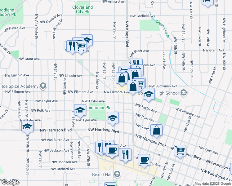 map of restaurants, bars, coffee shops, grocery stores, and more near 2 Northwest Fillmore Avenue in Corvallis