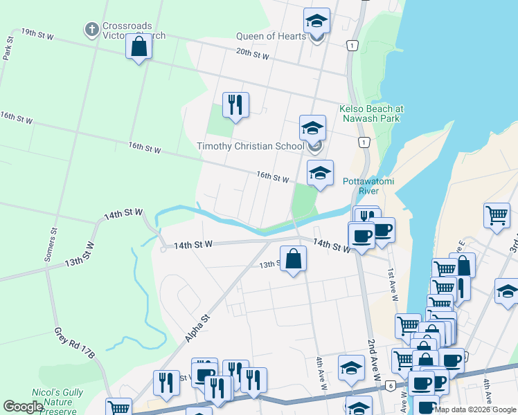 map of restaurants, bars, coffee shops, grocery stores, and more near in Owen Sound