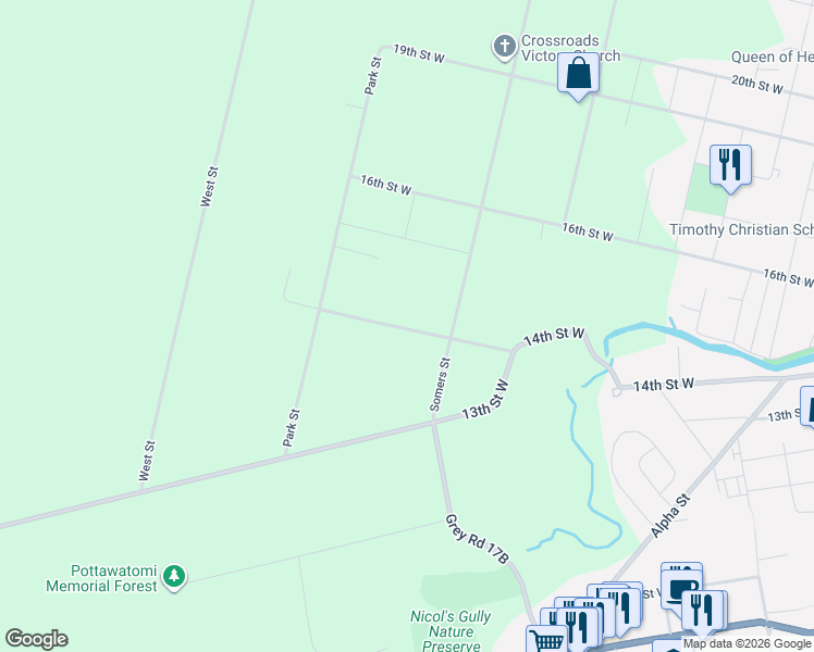 map of restaurants, bars, coffee shops, grocery stores, and more near 873 14th Street West in Owen Sound