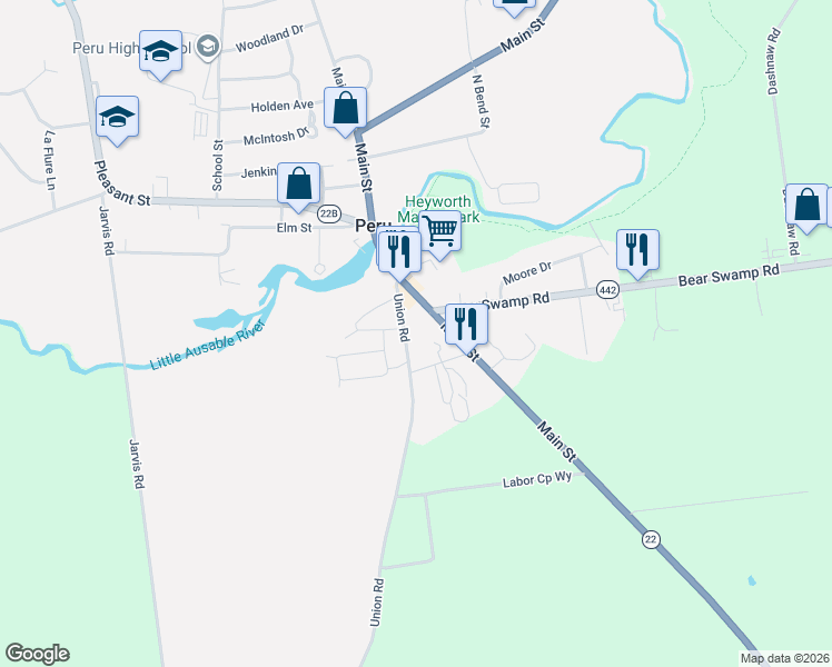 map of restaurants, bars, coffee shops, grocery stores, and more near 804 County Road 39 in Peru