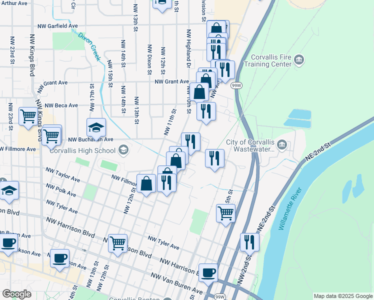 map of restaurants, bars, coffee shops, grocery stores, and more near 1046 Northwest 9th Street in Corvallis