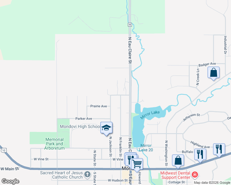 map of restaurants, bars, coffee shops, grocery stores, and more near 234 Columbia Street in Mondovi