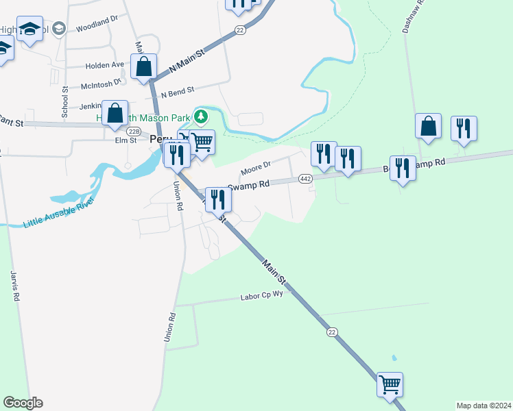 map of restaurants, bars, coffee shops, grocery stores, and more near A7 Apple Valley Drive in Peru