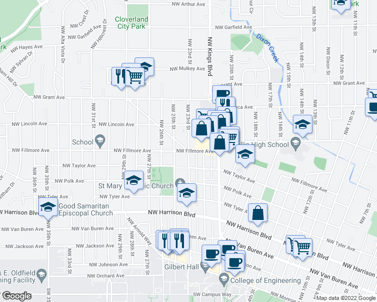 map of restaurants, bars, coffee shops, grocery stores, and more near Northwest 23rd Street & Northwest Fillmore Avenue in Corvallis