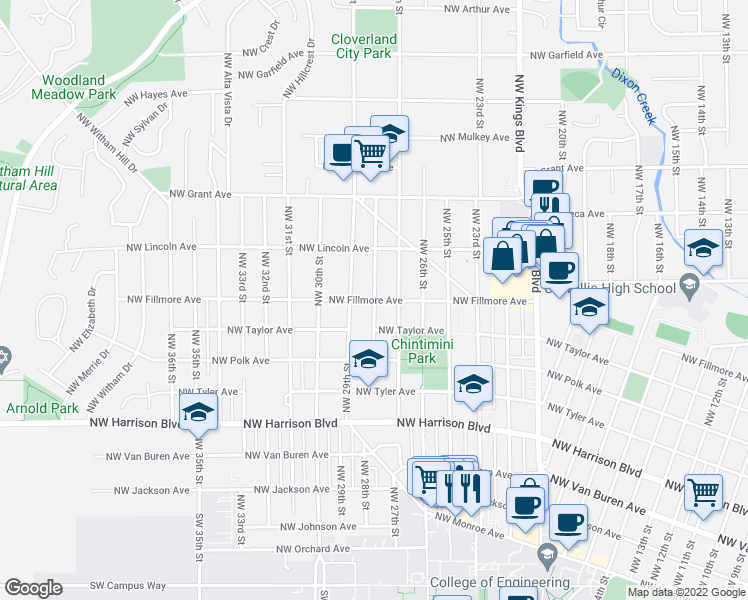 map of restaurants, bars, coffee shops, grocery stores, and more near NW Fillmore Ave & NW 28th St in Corvallis