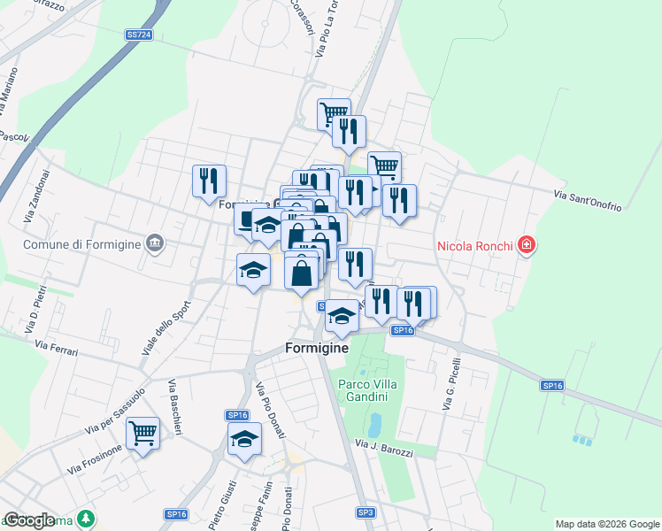 map of restaurants, bars, coffee shops, grocery stores, and more near 41 Via Vittorio Veneto in Formigine