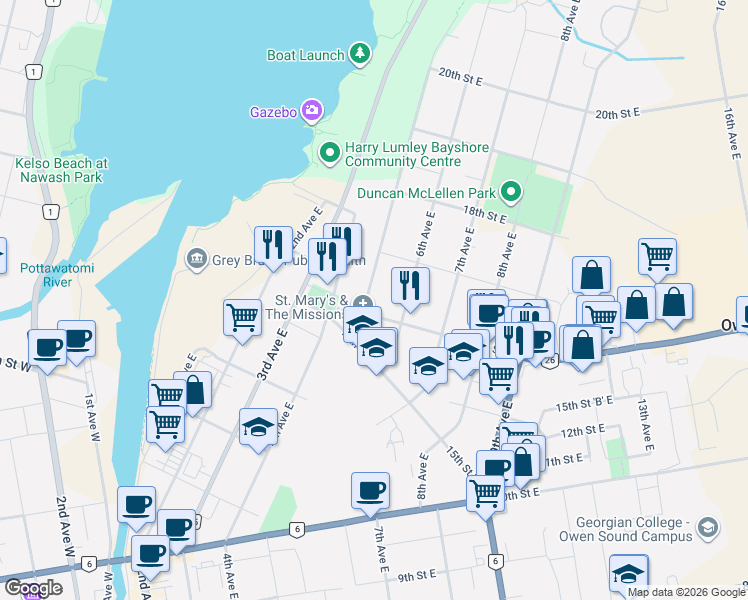 map of restaurants, bars, coffee shops, grocery stores, and more near 550 16th Street East in Owen Sound