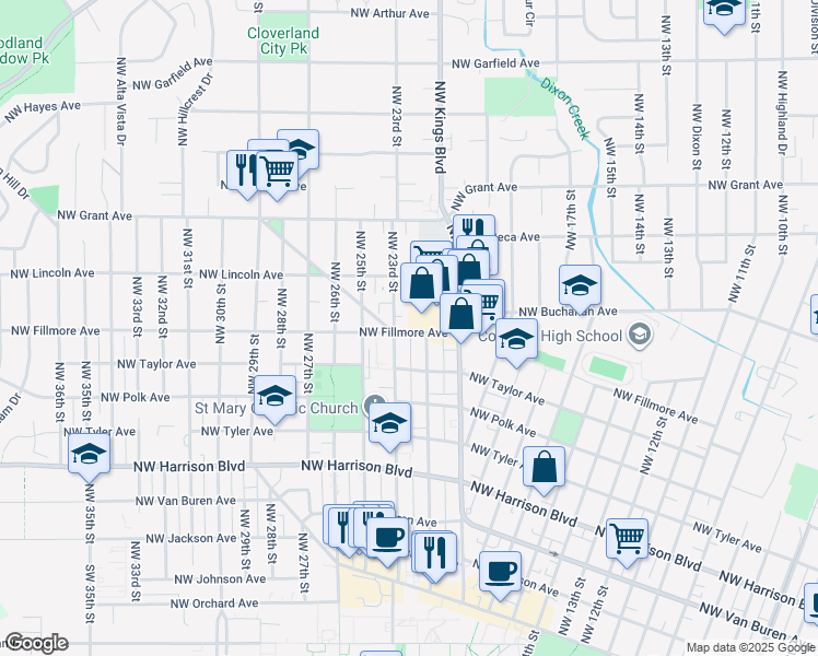 map of restaurants, bars, coffee shops, grocery stores, and more near 2 Northwest Fillmore Avenue in Corvallis