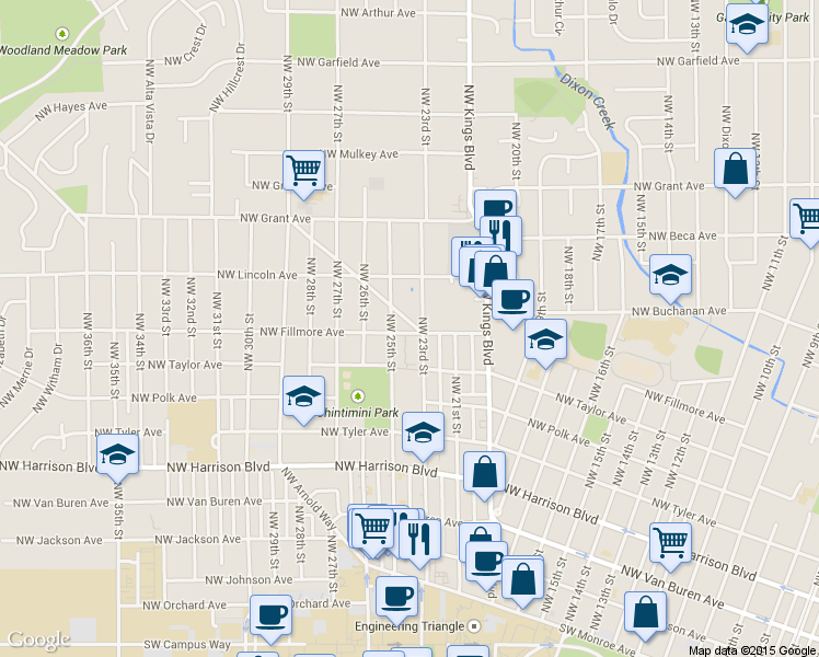 map of restaurants, bars, coffee shops, grocery stores, and more near 2361 Northwest Fillmore Avenue in Corvallis