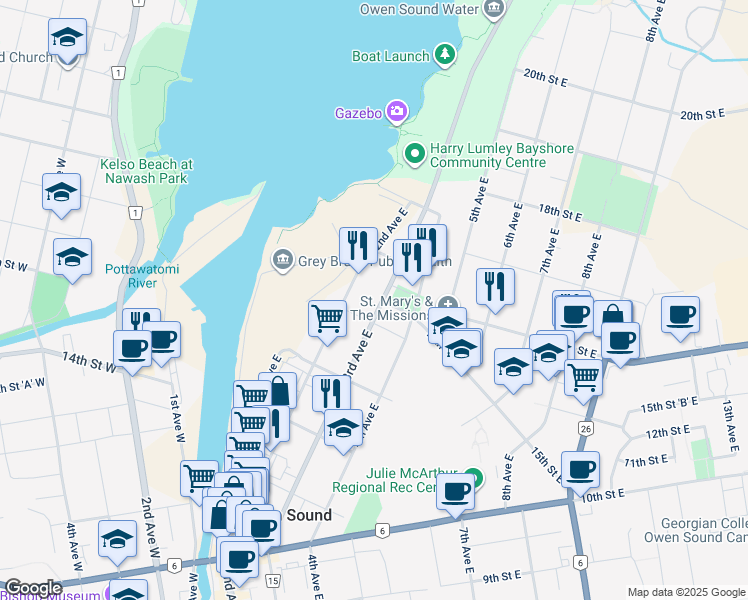 map of restaurants, bars, coffee shops, grocery stores, and more near 1498 3rd Avenue East in Owen Sound