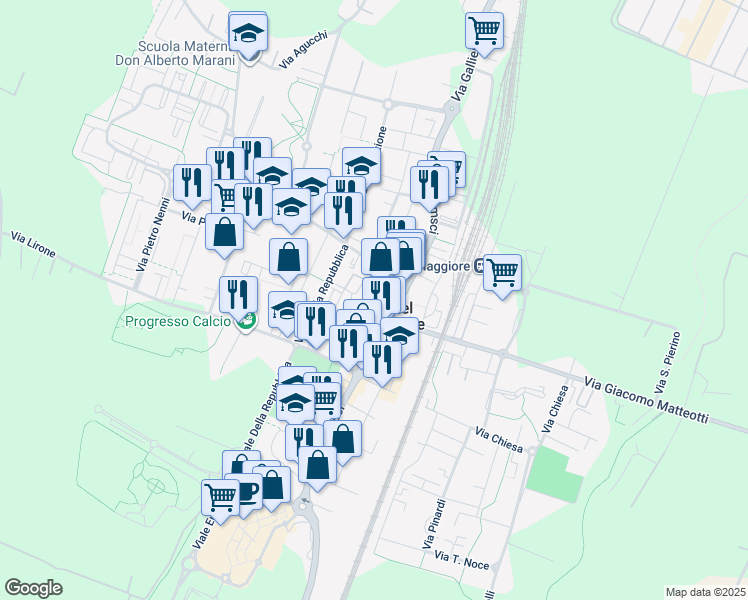 map of restaurants, bars, coffee shops, grocery stores, and more near 202 Via Antonio Gramsci in Progresso