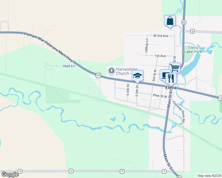 map of restaurants, bars, coffee shops, grocery stores, and more near 50597 South 7th Street in Eleva