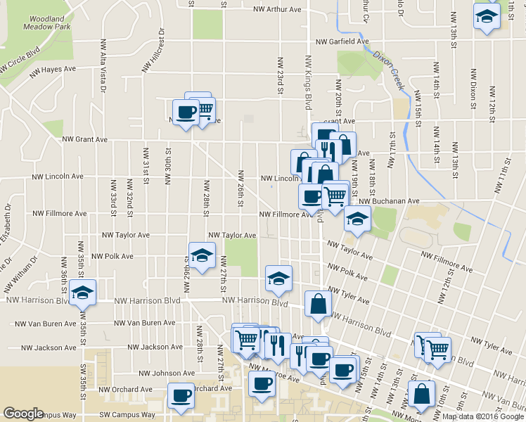 map of restaurants, bars, coffee shops, grocery stores, and more near 2361 Northwest Fillmore Avenue in Corvallis
