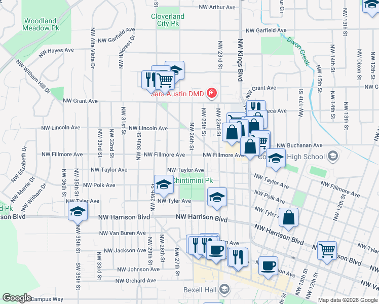 map of restaurants, bars, coffee shops, grocery stores, and more near 2611 Northwest Fillmore Avenue in Corvallis