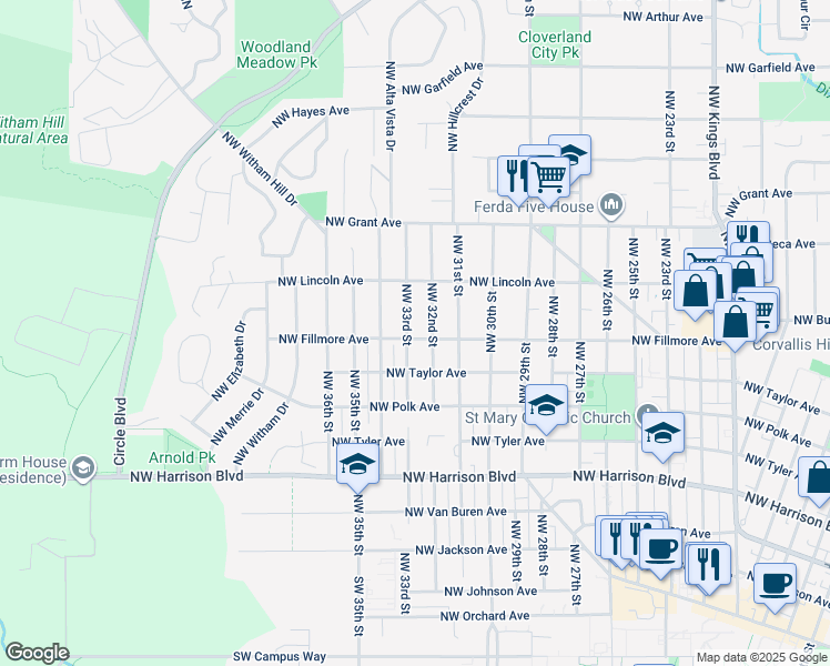 map of restaurants, bars, coffee shops, grocery stores, and more near 3308 Northwest Fillmore Avenue in Corvallis