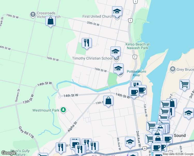 map of restaurants, bars, coffee shops, grocery stores, and more near 1550 5th Avenue West in Owen Sound