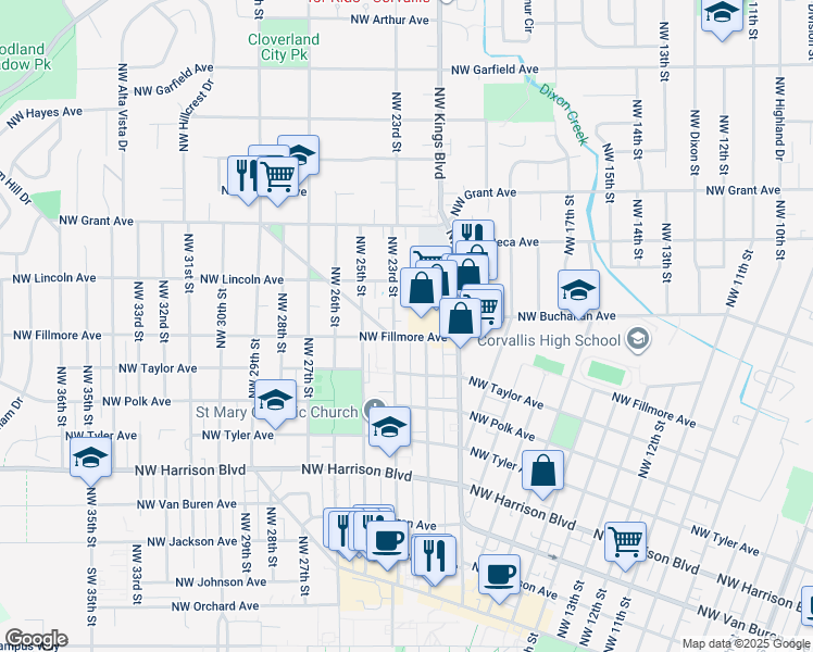 map of restaurants, bars, coffee shops, grocery stores, and more near 2 Northwest Fillmore Avenue in Corvallis