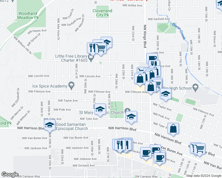 map of restaurants, bars, coffee shops, grocery stores, and more near 2611 Northwest Fillmore Avenue in Corvallis