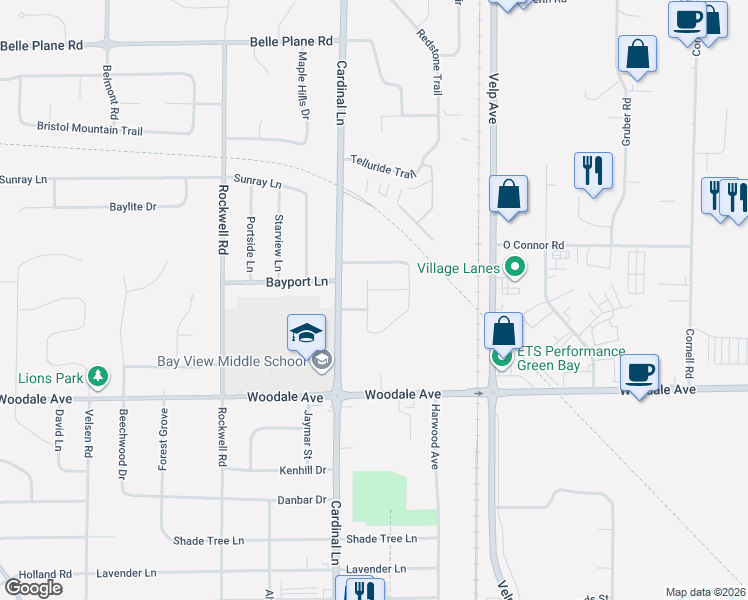 map of restaurants, bars, coffee shops, grocery stores, and more near 1262 Bayport Terrace in Green Bay