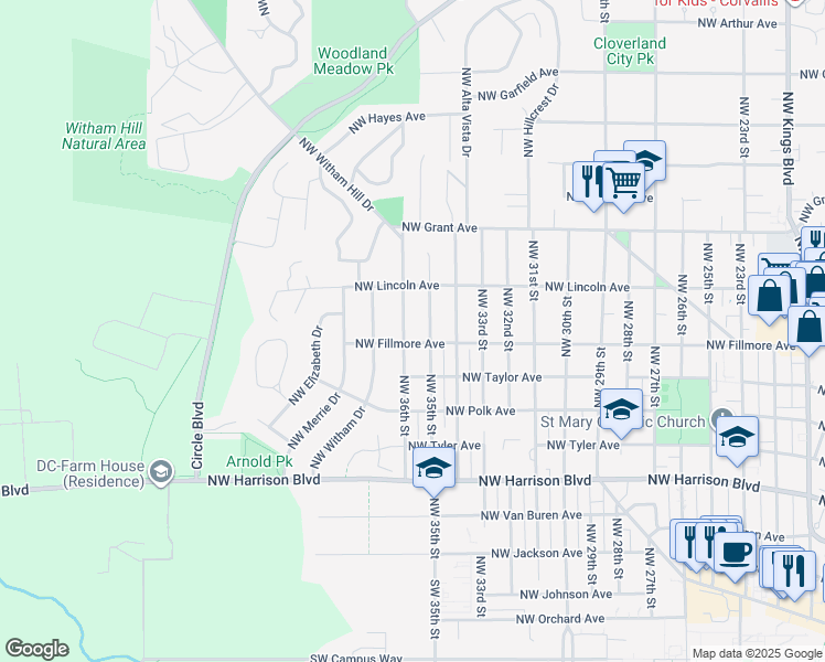 map of restaurants, bars, coffee shops, grocery stores, and more near 742 Northwest 36th Street in Corvallis