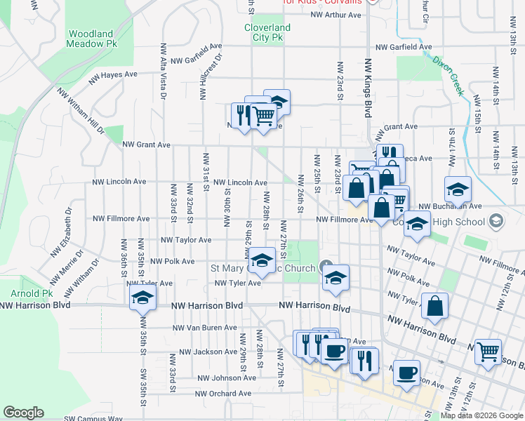 map of restaurants, bars, coffee shops, grocery stores, and more near 2760 Northwest Fillmore Avenue in Corvallis