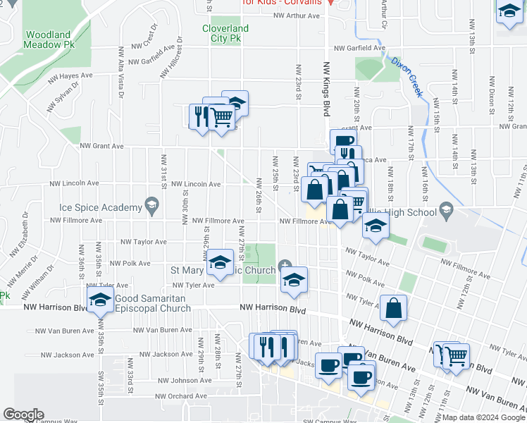 map of restaurants, bars, coffee shops, grocery stores, and more near 807 Northwest 26th Street in Corvallis