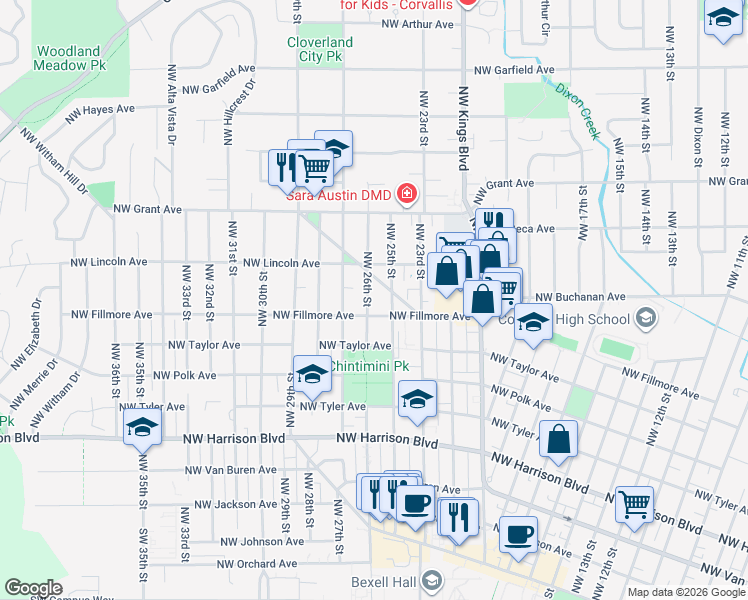 map of restaurants, bars, coffee shops, grocery stores, and more near 821 Northwest 26th Street in Corvallis