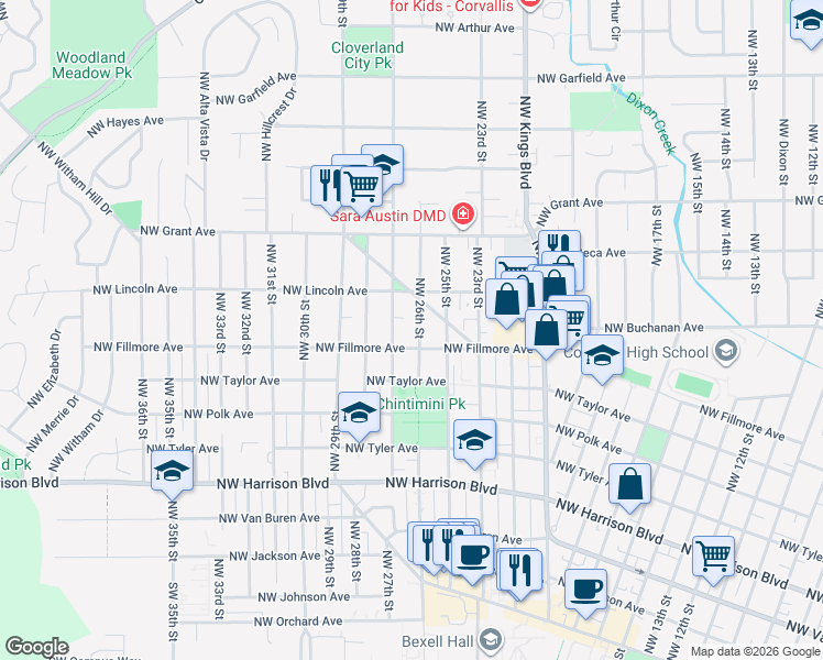 map of restaurants, bars, coffee shops, grocery stores, and more near 2611 Northwest Fillmore Avenue in Corvallis