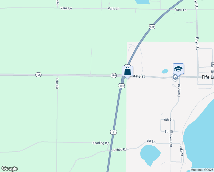 map of restaurants, bars, coffee shops, grocery stores, and more near 10390 Michigan 186 in Fife Lake
