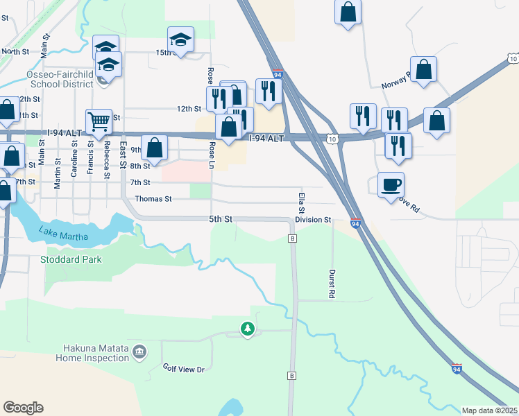 map of restaurants, bars, coffee shops, grocery stores, and more near W12907 5th Street in Osseo