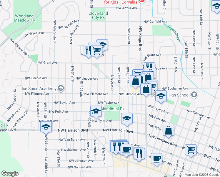 map of restaurants, bars, coffee shops, grocery stores, and more near 2611 Northwest Fillmore Avenue in Corvallis