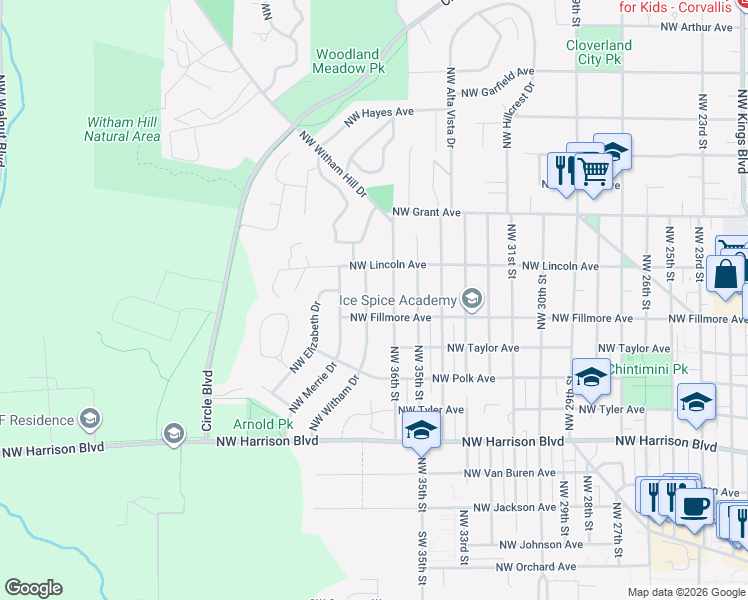 map of restaurants, bars, coffee shops, grocery stores, and more near 3720 Northwest Fillmore Avenue in Corvallis
